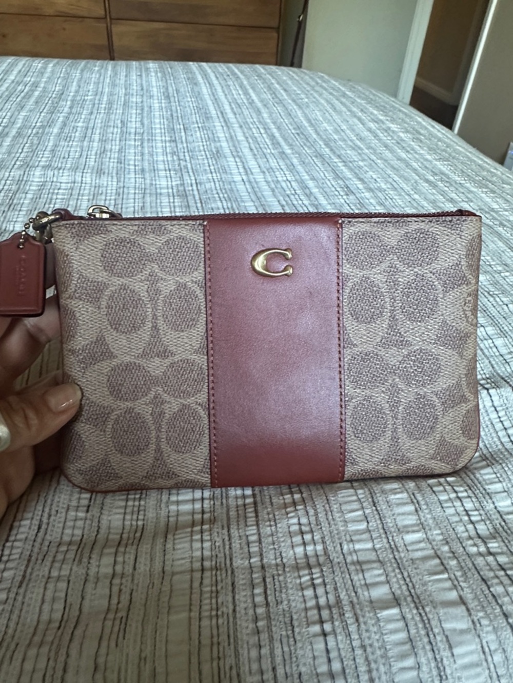 Coach Beige Signature Canvas Wristlet with Rust Center Panel